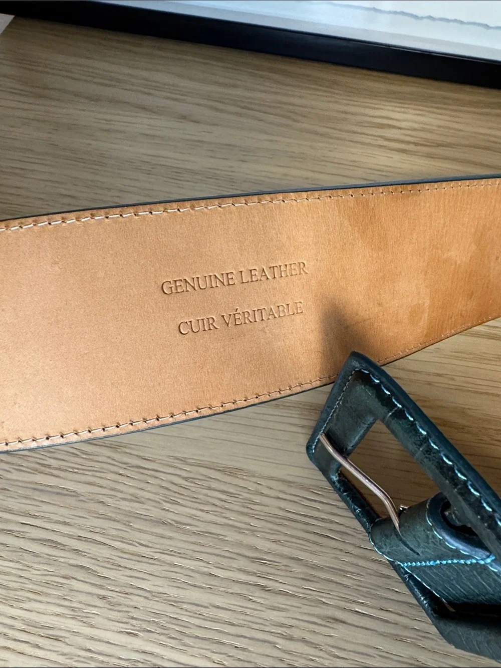 Croc-Embossed Deep Green Leather Belt with Square Buckle